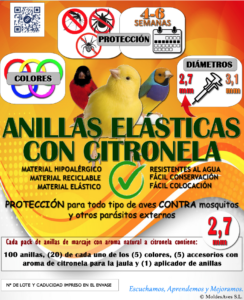 Anillas elasticas de colores con citronela( Repelen mosquitos y parasitos externos)