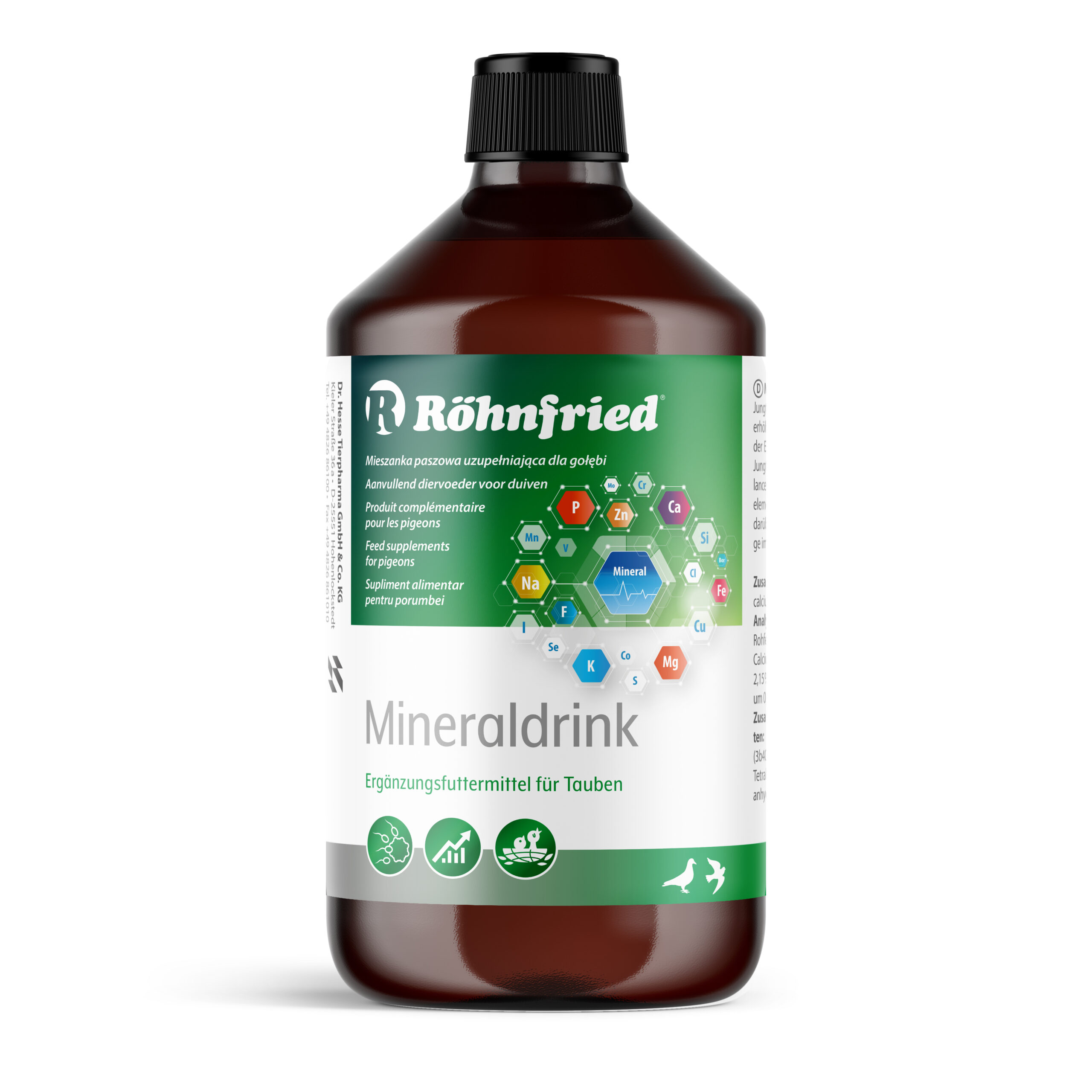 Mineraldrink 500 ml Rohnfried. Preparado de minerales diseñado para la temporada de cria: mejora cascara de huevo, estimula el metabolismo